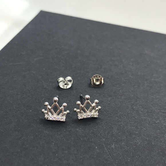 Sterling Silver 925 Crown Stud Earrings - Picture 3 of 4